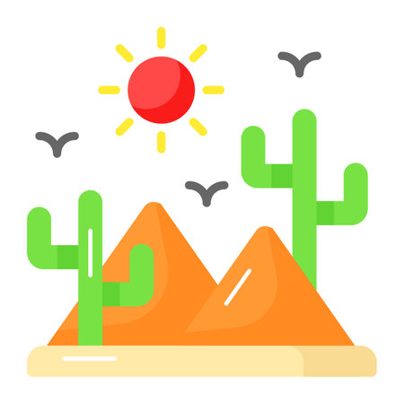 Cactus with sand pile and sun showing icon of desert in modern styleのイラスト素材