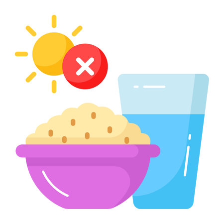 Rice bowl with glass of water and cross sign, icon of ramadan fastingのイラスト素材