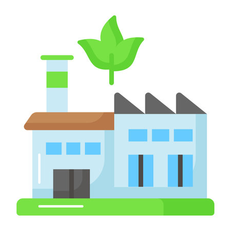 Factory building with leaves depicting vector of green factory, eco friendly factorのイラスト素材