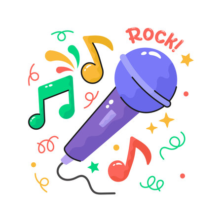 Hand drawn wired microphone, sticker or singing mic in modern styleのイラスト素材