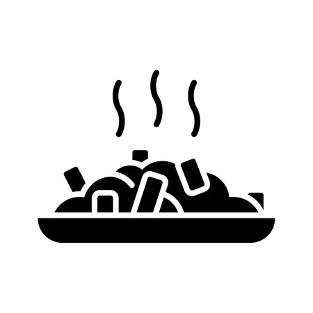 Poutine icon traditional quebec meal with french fries gravy and cheese curds, Vector illustration isolated on white backgroundのイラスト素材