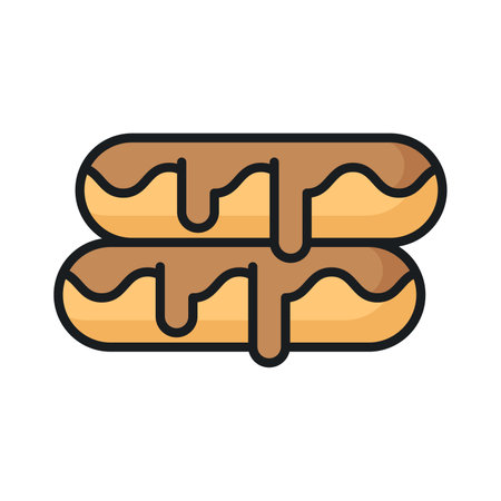 A small, soft, log shaped pastry filled with chocolate, modern flat eclair iconのイラスト素材