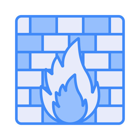 Bricks wall fire flame. Symbol of antivirus. Sign of network virus attack protection and defense systemのイラスト素材