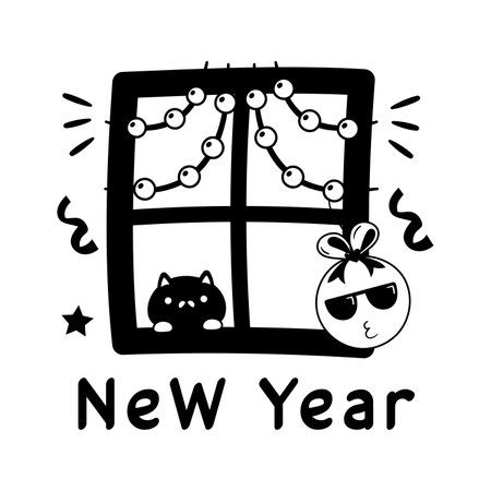 Happy new year 2024 decorations with small lights, flat hand drawn sticker of new yearのイラスト素材