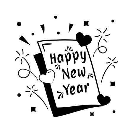 Happy new year greeting card sticker in flat hand drawn style, easy to use and downloadのイラスト素材