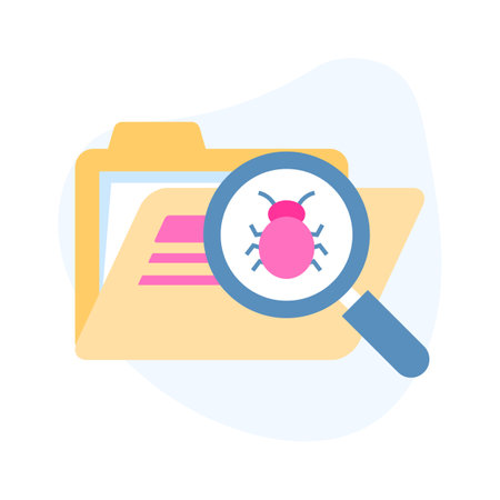 Bug under magnifier with data folder denoting icon of bug searching, virus scanning vectorのイラスト素材