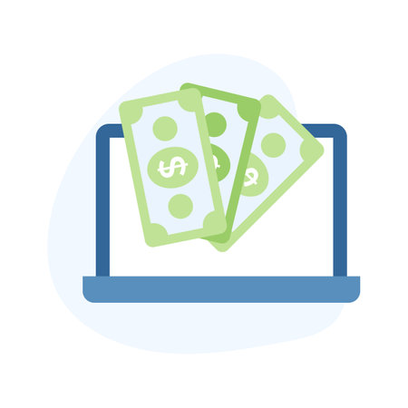 Currency notes with laptop showing flat concept vector of online paymentのイラスト素材