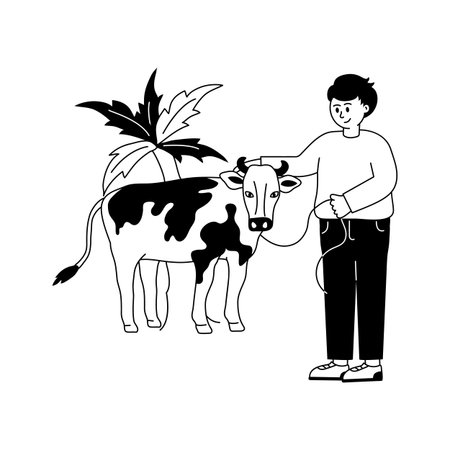 A muslim man with cow, eid al adha concept illustrationのイラスト素材