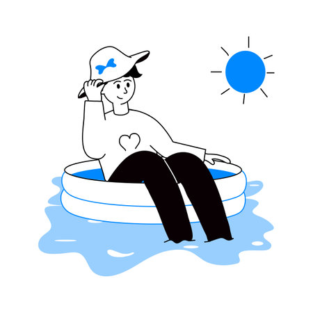 A woman enjoying swimming in inflatable pool, ready to use illustrationのイラスト素材