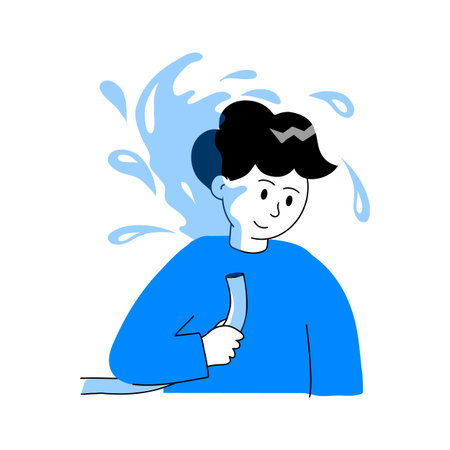 a man putting water on himself with water pipe, hot summer day character illustrationのイラスト素材