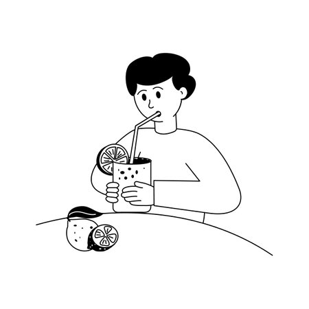 A man drinking fresh juice, summer drink character illustrationのイラスト素材