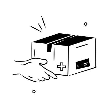 A hand delivering a medical supply box depicting the concept icon of medicine delivery.のイラスト素材