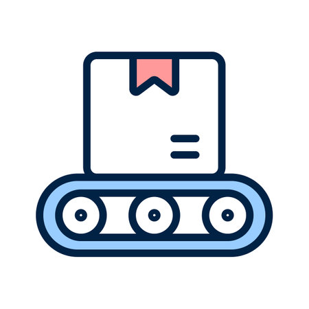 Transportation of products via conveyor belt, an industrial conveyor belt for logisticsのイラスト素材