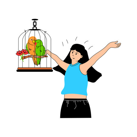 Love birds, girl feeling romantic, flat illustrationのイラスト素材