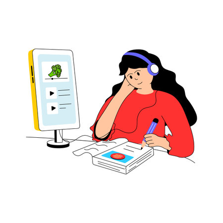 A person takes detailed notes while watching a cooking tutorialのイラスト素材