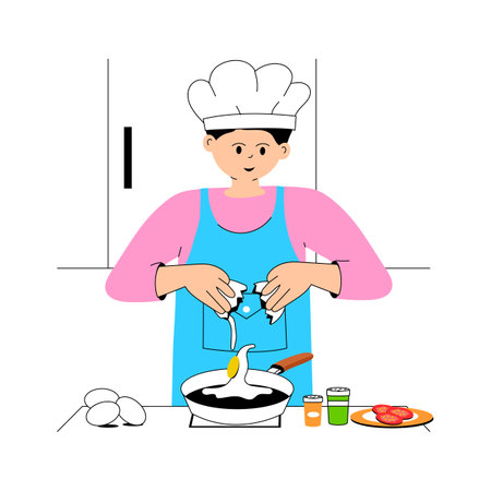 A chef expertly fries eggs in a pan, egg frying flat illustrationのイラスト素材