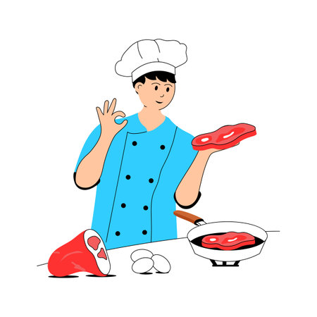 A professional chef grilling beef steak in modern design styleのイラスト素材