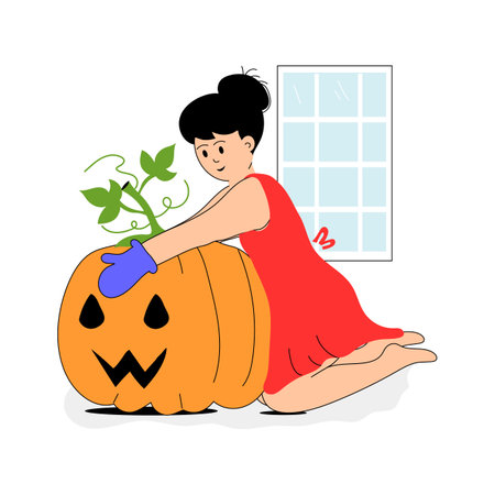 A child carves a large pumpkin for Halloween decorationsのイラスト素材