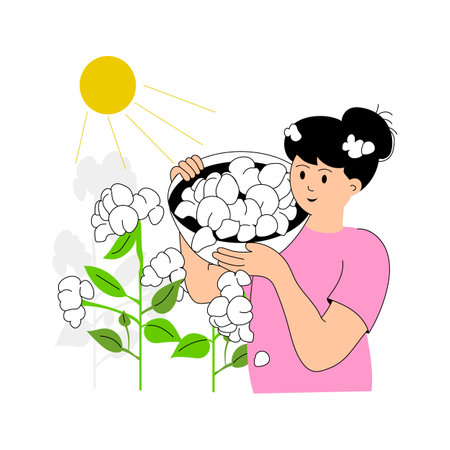 A female farmer harvesting cotton under the sunのイラスト素材
