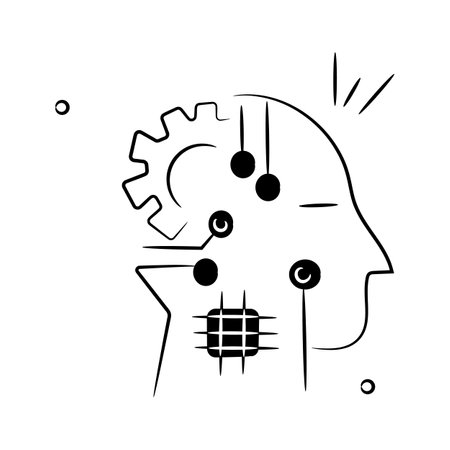 A human head with technological components, representing artificial intelligence integration in humansのイラスト素材