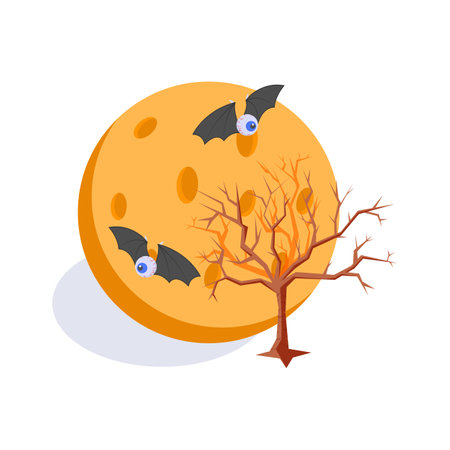 A large orange moon with bats flying over a barren treeのイラスト素材