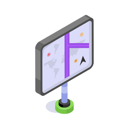 Large digital screen displaying a map with navigation routesのイラスト素材