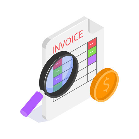 An invoice under a magnifying glass, symbolizing invoice review or detailsのイラスト素材