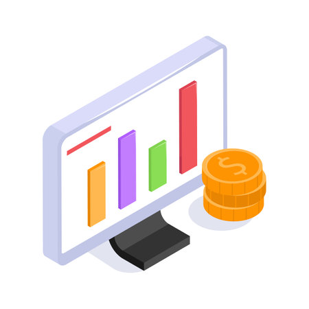 Bar chart displayed on a computer screen with gold coins, concept icon of business analysisのイラスト素材