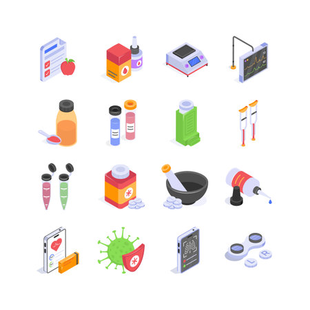 This vibrant set of isometric icons showcases essential elements of healthcare and medicineのイラスト素材