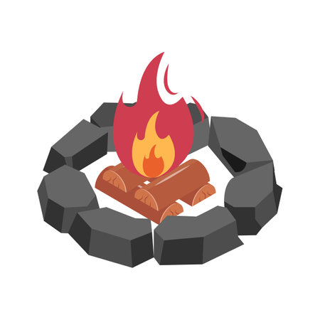 Isometric icon of stone lined campfire for warmth and light in natureのイラスト素材