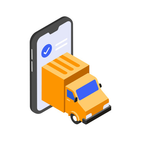 A delivery truck emerging from a mobile app interfaceのイラスト素材