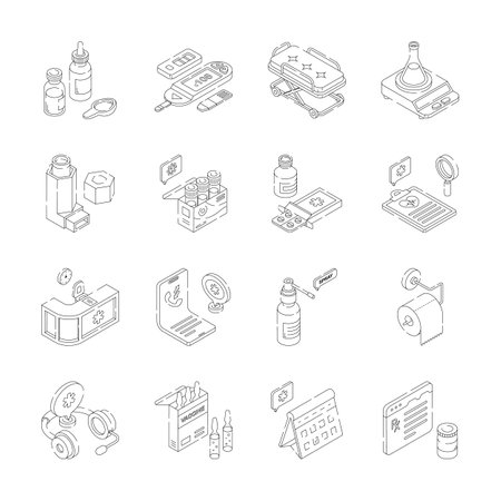 Isometric icons represent a comprehensive range of healthcare essentials, including medication, medical equipment, diagnostic tools, and support services.のイラスト素材