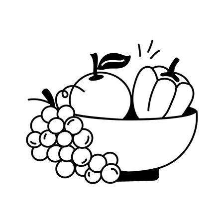 A bowl filled with an apple, bell pepper, and grapes, healthy food vector designのイラスト素材