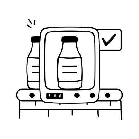 A simple icon illustrates a conveyor belt system with a scanning deviceのイラスト素材