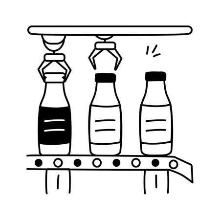 A factory conveyor belt with bottles being capped by robotic armsのイラスト素材