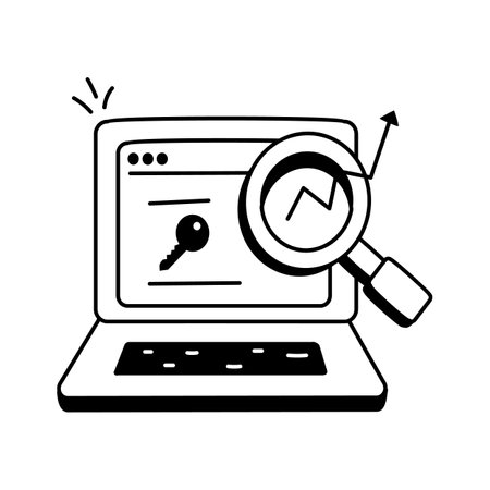 Illustration of a laptop computer with a magnifying glass focused on a websiteのイラスト素材