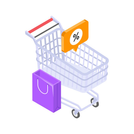 An isometric illustration of a shopping cart with a discount signのイラスト素材