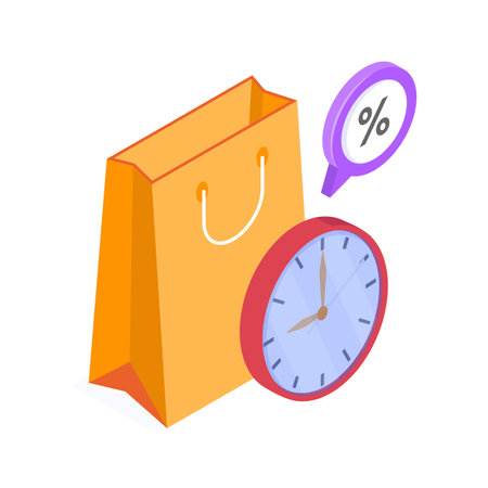 A shopping bag with a discount percentage sign and a clock, highlighting a time limited offer.のイラスト素材