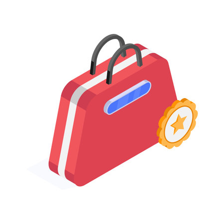 Red premium shopping bag with a badge icon.のイラスト素材