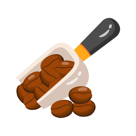 A cartoon style illustration of coffee beans spilling from a scoop.のイラスト素材