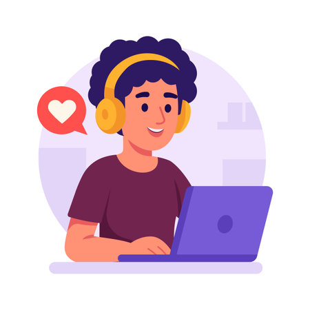 Smiling boy wearing headphones shopping online using laptop.のイラスト素材