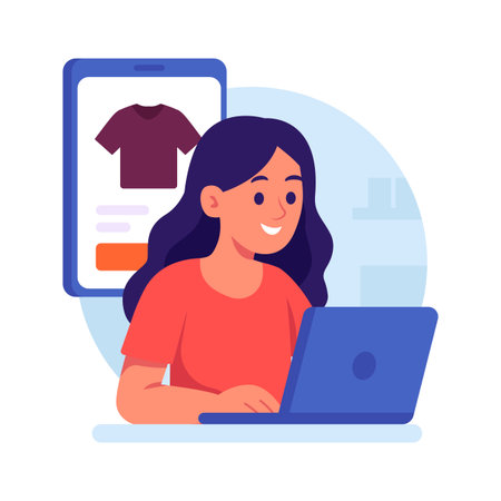A cheerful young woman is depicted shopping for a t- shirt on a laptop.のイラスト素材