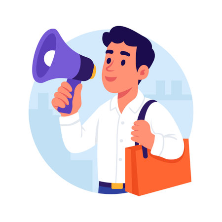 A man holding a megaphone and carrying a shopping bag, illustration of sale advertisementのイラスト素材