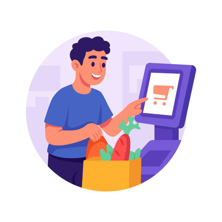 Well designed illustration of a man making payment at self-checkout for groceries.のイラスト素材