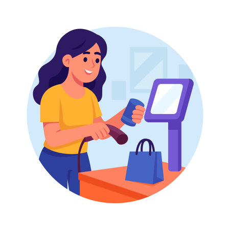 Woman Scanning Item at Self Checkout Counter, premium vectorのイラスト素材