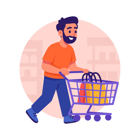 A man pushing a cart filled with shopping bags through storeのイラスト素材