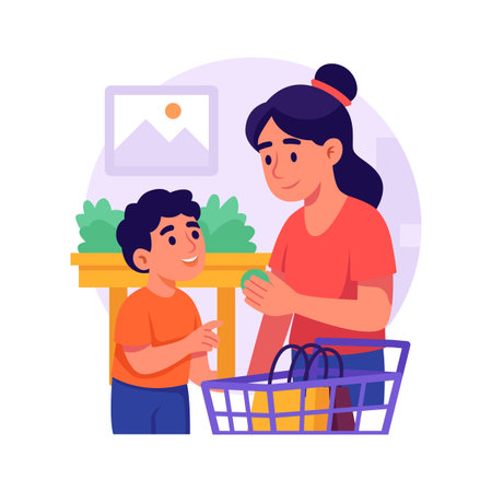 Flat illustration of mother and son happily shopping together in a grocery store.のイラスト素材