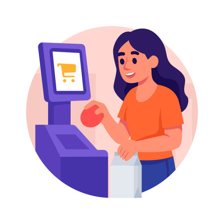 Woman scanning items for payment at self-service checkout.のイラスト素材