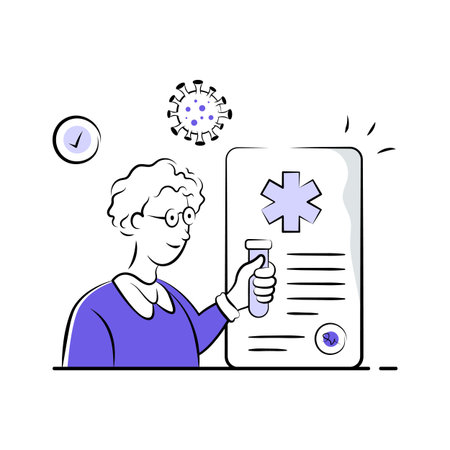 Illustration of a doctor examining medical records with a test tube.のイラスト素材