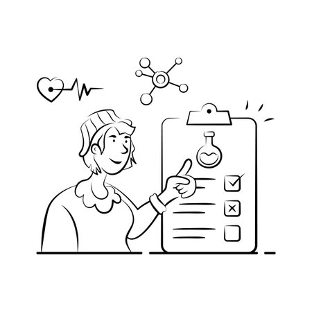 Female virologist reviewing virus samples and lab reports.のイラスト素材